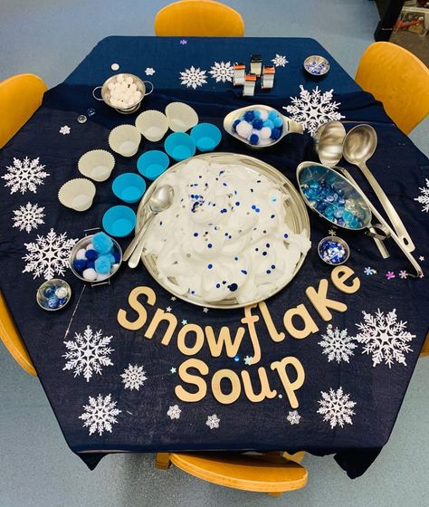 "Snowflake Soup" Sensory Play (from Park Road Nursery @_little.thinkers_ via Instagram) Xmas Eyfs Activities, December Activities Eyfs, Early Years Winter Activities, Train Track Tuff Tray, Christmas Eyfs Ideas, January Tuff Tray Ideas, January Eyfs Activities, Winter Displays Eyfs, Xmas Tuff Tray Ideas