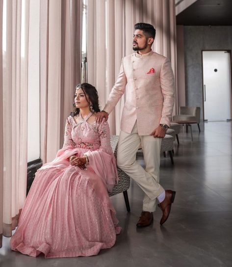 Engagement Look For Couple Indian, Reseption Dress For Girl, Jodhpuri Couple Dress, Reception Dress For Bridegroom, Engagement Couples Outfit, Jodhpuri Couple Photoshoot, Engagement Dress Indian Couple, Roka Outfits For Groom, Engagement Outfit For Couple Indian