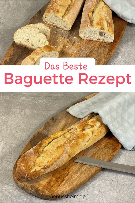 Wir zeigen dir wie du das perfekte, original französische Baguette ganz einfach zuhause backen kannst. Außen knusprig, innen weich – wie vom Bäcker! French Baguette, Pizza, Merry Christmas, Bread, Drinks, Quick Saves, Pizzas, Baguette