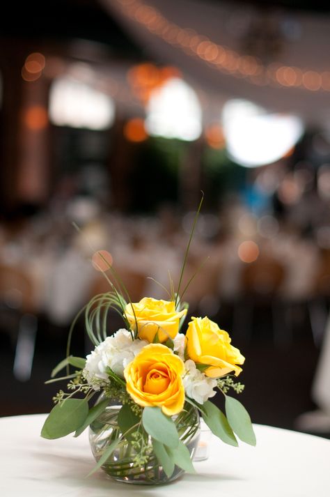 would be nice around the cake table, gift table and buffet Yellow And White Flower Arrangements, Yellow Flower Centerpieces, Yellow Rose Wedding, Yellow Flower Arrangements, Yellow Centerpieces, Flower Displays, Small Flower Arrangements, White Flower Arrangements, Table Flower Arrangements