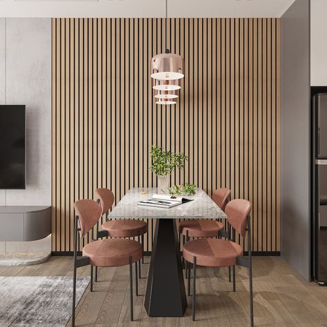 Office With Acoustic Panels, Slat Wall Dining Room, Oak Paneling Walls, Living Room Wood Paneling, Soundproofing Panels, Soundproofing Walls, Slat Walls, Accent Wall Panels, Wood Slat Wall