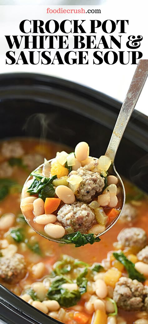 Crockpot Sausage And Bean Soup, Italian Sausage White Bean Soup Crockpot, Sausage White Bean Soup Crock Pot, Bean Barley Soup Crock Pot, Sausage Bean Soup Crock Pot, Sausage And White Bean Soup Crockpot, White Bean And Sausage Soup Slow Cooker, Crockpot Tuscan White Bean Soup, Crockpot White Bean Soup Recipes