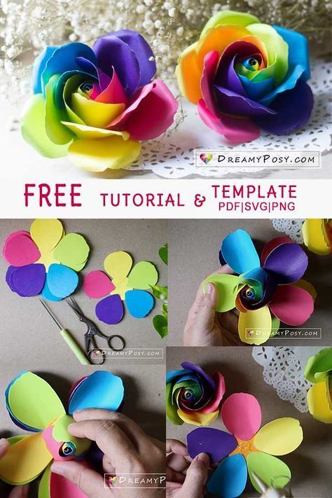 Rainbow rose from paper, free tutorial and template Recycle Craft, Make Paper Flowers, Rose Tutorial, Paper Flower Template, How To Make Paper Flowers, Rainbow Roses, Paper Flowers Craft, Giant Paper Flowers, Make Paper