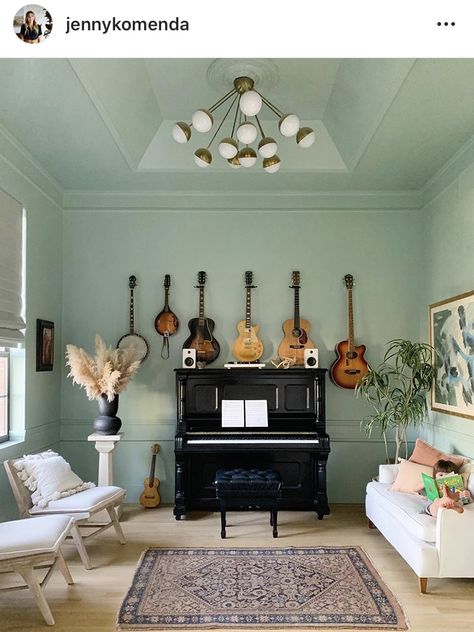 Piano Room Decor, Office Music Room, Music Room Office, Piano Living Rooms, Jenny Komenda, Moody Office, Music Room Design, Blue Wall Colors, Dinosaur Museum