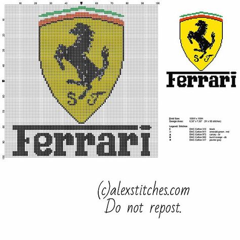 Ferrari car logo free cross stitch pattern made with pcstitch Ferrari Cross Stitch Pattern, Ferrari Cross Stitch, Ferrari Crochet Pattern, Free Embroidery Patterns Machine, Free Cross Stitch Pattern, Free Cross Stitch Patterns, Easy Cross Stitch Patterns, Cross Stitch Pillow, Logo Knit