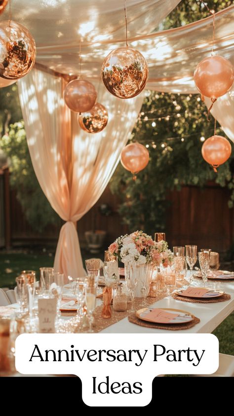 A couple celebrating their anniversary at a beautifully decorated outdoor party with personalized decorations and elegant touches, creating lasting memories with family and friends. 1st Year Anniversary Party Ideas, Christmas Anniversary Ideas, Backyard 50th Anniversary Party Ideas, 20 Year Anniversary Celebration Ideas, 50th Anniversary Party Ideas Decoration Classy, 20th Wedding Anniversary Ideas Parties, 20th Anniversary Party Ideas Decoration, 30 Year Anniversary Party, Backyard Anniversary Party