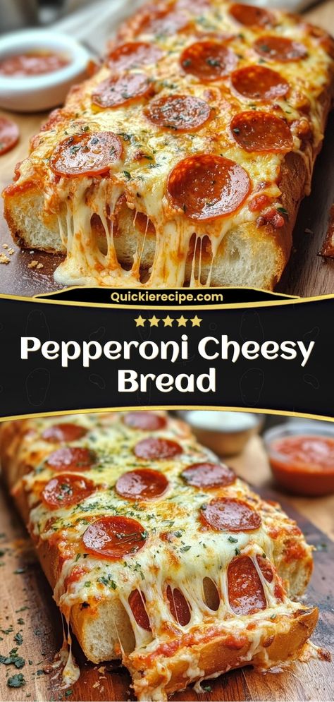 Pepperoni Cheesy Bread
This pepperoni cheesy bread is the perfect appetizer or snack for pizza lovers. Packed with melted cheese and savory pepperoni, it’s a crowd-pleaser for any occasion.

Ingredients:

1 loaf of French bread
1 cup shredded mozzarella
½ cup pepperoni slices
½ cup marinara sauce