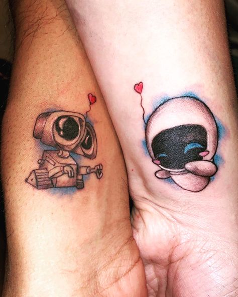 Cartoon Tattoos For Couples, Couples Cartoon Tattoos, Couples Tattoos Disney, Couples Matching Disney Tattoos, Walle Tattoo Disney, Walle Eve Tattoo, Walle Eva Tattoo, Wall E Couple Tattoo, Marvel Couple Tattoos