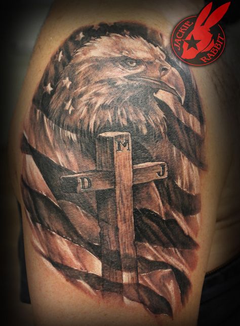 Military Sleeve Tattoo, American Flag Sleeve Tattoo, Cross Shoulder Tattoos, Eagle Wing Tattoos, American Flag Cross, Soldier Tattoo, Patriotic Tattoos, Eagle American Flag, Country Tattoos