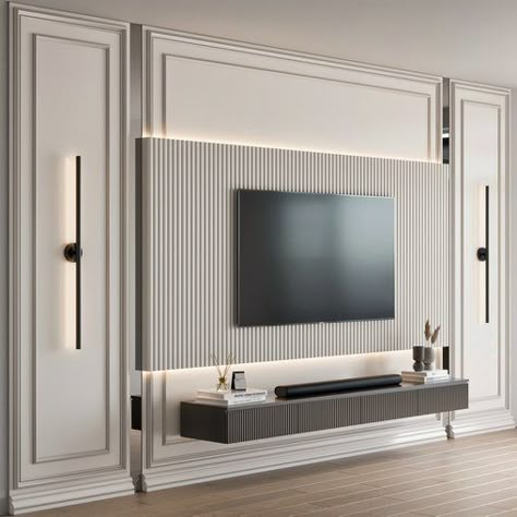 Tv Wall Panels Ideas, Tv Cabinet Bedroom Design, Tv Panel For Living Room, Cupboard Design Living Room, Living Room Tv Wall Decor Ideas, Modern Classic Tv Wall, Tv Wall Bedroom Ideas, Neo Classic Tv Wall Design, Neoclassical Tv Wall Design