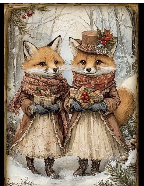 Christmas Animals Illustration, Christmas Woodland Animals, Winter Christmas Scenes, Fox Artwork, Fox Illustration, Funny Birds, Anime Animals, Love Illustration, Bramble