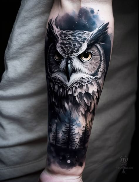 White Owl Tattoo, Owl Forearm Tattoo, Realistic Owl Tattoo, Owl Tattoo Sleeve, Owl Tattoo Drawings, Mandala Hand Tattoos, Vogel Tattoo, Mama Tattoo, Tier Tattoo