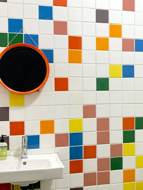 Diy Wall Tile, Multi Color Tile, Aesthetic Bathroom Decor, Colorful Bathroom Tile, 20 Aesthetic, Aesthetic Bathroom, Colourful Tile, Diy Tile, Bathroom Tile Designs