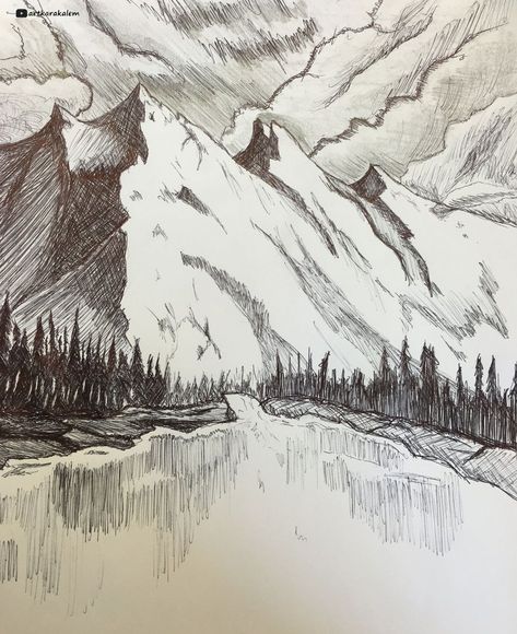 Drawings Of Mountains Landscapes, Realistic Drawings Landscape, Drawing Mountains Pencil, Mountain Drawing Realistic, Mountain And Lake Drawing, Nature Drawing Ideas Landscapes, Lake Drawings Sketches, Sketch Ideas Landscape, Mountain Drawing Pencil