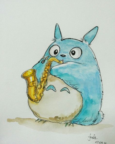 Totoro with saxophone. Watercolor painting. Check out my ig @joniecruzreyes Studio Ghibli Quotes, Ghibli Tattoo, Studio Ghibli Characters, Anime Galaxy, Music Illustration, Studio Ghibli Art, Ghibli Art, Watercolor Art Lessons, Cute Doodle Art