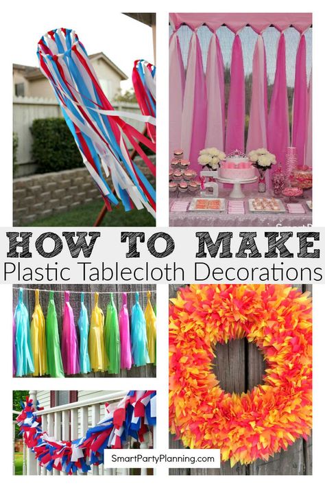 These 12 easy plastic tablecloth decorations will make decorating for parties a breeze. With all the items easily purchased from dollar stores, they are not only effective and easy to make, but really cheap too.  Whether you want to make a photo booth backdrop, streamers or simply jazz up table runners, all the party ideas are here for you. Party decoration could not be easier. Tablecloth Birthday Decorations, Diy Fabric Party Decorations, Tablecloth Decorations For Party, Table Cloth Door Decorations, Carnival Tent Diy Plastic Tablecloth, Garland Out Of Plastic Tablecloth, Using Plastic Tablecloths To Decorate, Streamer Table Decorations, Plastic Tablecloth Curtains Diy