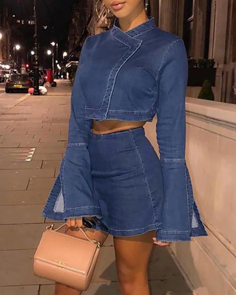 Looks Jeans, Crop Top Skirt Set, Denim Crop Top, Denim Outfits, Top Skirt Set, Crop Top Skirt, Cooler Look, Outfit Jeans, Skirt Sets