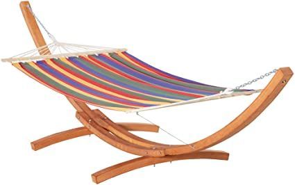 Outsunny 154'' x 47'' Outdoor Hammock, Arch Wooden Hammock with Stand, Single Bed w/ Straps and Hooks, Multi-Color Stripe Stand Alone Hammock, Balcony Hammock, Wooden Hammock, Hammock With Stand, Backyard Hammock, Rope Hammock, Hammock Bed, Hanging Hammock, Outdoor Hammock