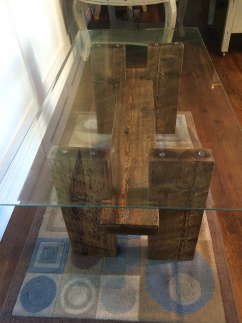 Glass Table Top Made From Large Crate Lumber Base For Glass Table Top, Glass Top Tables Ideas, Diy Glass Table, Dinning Table Diy, Dinner Table Diy, Glass Dinning Table, Glass Wood Table, Door Dining Table, Rustic Woodworking Projects