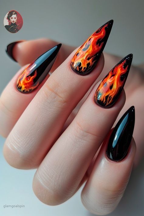 Nails To Match Red Hair, Fire And Ice Nails, Rock Festival Nails, Fire Element Aesthetic, Fire Nails Designs, Blue Flame Nails, Lava Nails, Whimsical Nails, Racing Nails