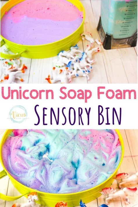 Unicorn Tuff Tray Ideas, Preschool Princess Activities, Unicorn Tuff Tray, Foam Sensory Bin, Fairy Tales Preschool Activities, Unicorn Sleepover, March Projects, Colour Exploration, Foam Recipe