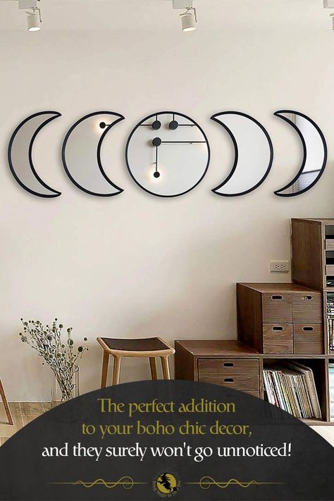 Constellation Decor, Retro Home Office, Mirror Interior Design, Moon Mirror, Spiritual Home Decor, Natural Decor, Bohemian Wall Decor, Wall Home Decor, Room Black