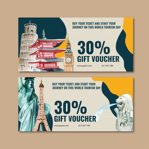 Voucher Design Ideas, Postcard Design Inspiration, Gift Voucher Design, Voucher Design, Tourism Day, Tower Of Pisa, Graphic Design Tutorials Learning, Ticket Design, Coupon Design