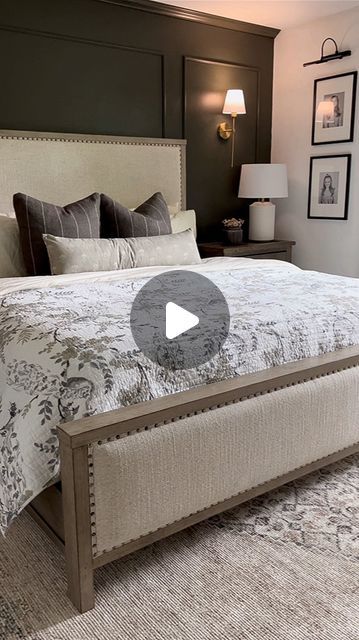 Chelsea Zutavern on Instagram: "Primary Bedroom Refresh!✨ 
I absolutely love how this came together! I took down the shiplap (felt heavy) and added these precut wall moldings. I decided to paint everything Urban Bronze by SW. I  looked at beds for months (literally) and finally decided on this solid wood, upholstered bed. I LOVE it! The wood tone, fabric color, everything is so pretty and the quality is outstanding!! The gold sconces come with a rechargeable battery (not hard wired!) Finally the rug pulls it all together!😍 It’s the Lila Medallion Brown from @boutiquerugs . 
.✨Comment “Bedroom” and I will send you all the links!
.
What do you think!?
.
.
#primarybedroom #bedroominspo #bedroomrenovation #bedroomrefresh #homedecor #homeinterior #bedroommakeover #urbanbronzesherwinwilliams #m Urban Bronze Bedroom, Wood Upholstered Bed, Blessed Ranch, Bronze Bedroom, Urban Bronze, Gold Sconces, Cabin Bedroom, Bedroom Renovation, Primary Bedroom