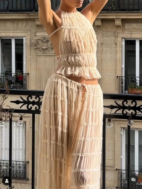 Apricot Chiffon Multi-Layered Pleated Lace Floral Halter Vacation Dress SetI discovered amazing products on SHEIN.com, come check them out! Vacation Maxi Dress, Vacation Dress, Dress Chiffon, Vacation Dresses, Dress Set, Two Piece Outfit, Chiffon Dress, Multi Layering, Boho Outfits