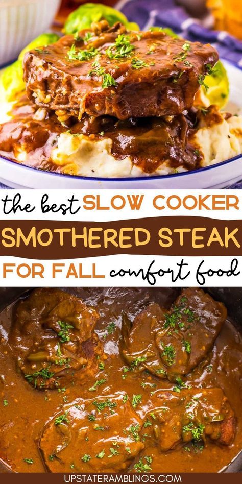 Slow Cooker Smothered Steak Easy Crockpot Recipes Steak, Steak Crockpot Recipes, Crockpot Beef Recipes, Slow Cooker Chili Mac, Food Slow Cooker, Beef Slow Cooker Recipes, Crockpot Steak Recipes, Autumn Meals, Fall Slow Cooker