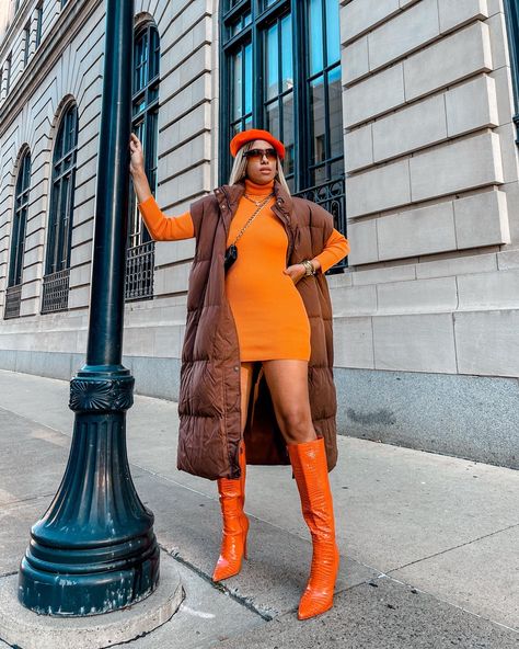 Orange Boots Outfit, Orange Boots, Fall Boots Outfit, Color Blocking Outfits, Orange Outfit, Fit Inspo, Thigh High Boots, Boots Outfit, Fitness Inspo