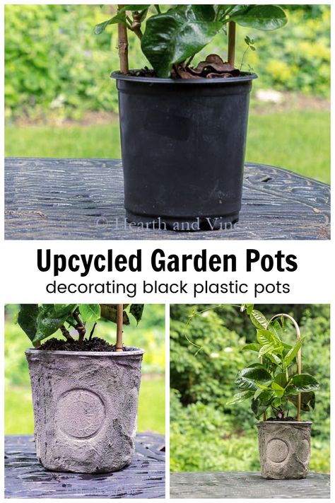 See how to turn basic plastic pots from the nursery into pretty pots that you can use all season long. Diy Outdoor Planters Pots, Cheap Flower Pots, Spray Paint Plastic, Diy Planters Outdoor, Vegetable Planters, Unique Garden Art, Plastic Plant Pots, Plastic Flower Pots, Upcycle Garden