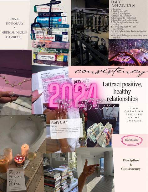 2024 Vision Board Yearly Goals #visionboard #yearlygoals #newyearnewme Lpn Vision Board, Manifestations Board, Vision Board Aesthetic, Board Collage, Vision Board Collage, Girl Motivation, 2024 Board, Vision Board Examples, Board Wallpaper