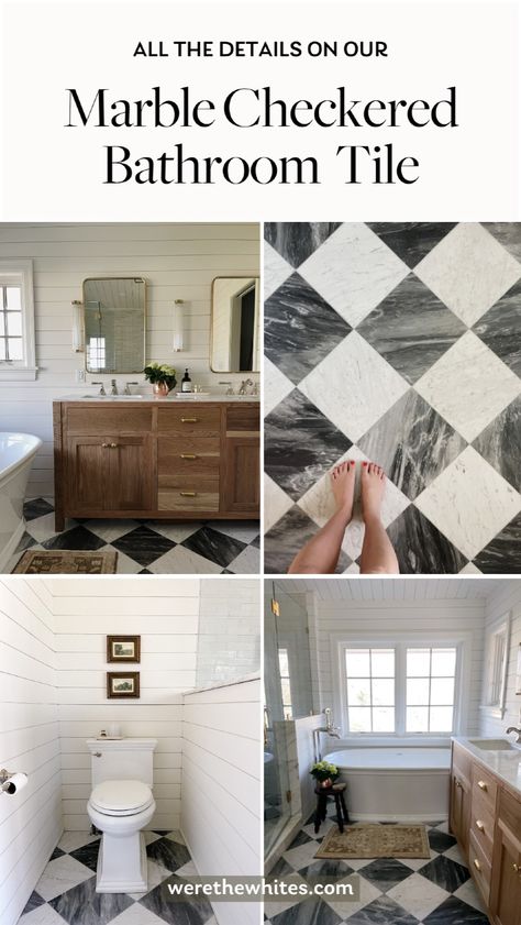 Grey and White Marble Checked Bathroom Floor. Everyone loves our grey and white marble checkerboard bathroom floors, and I agree — they’re stunning! They’re one of my favorite parts of the bathroom design, so I’m breaking down all the tile details for you. Click through to get all the info on our marbled checkered tile and how to achieve the same bathroom style in your home. Bathroom With Checkerboard Floor, Bathroom Tile Checkered, Herringbone Lvp Bathroom Floor, Best Bathroom Tiles Floor, Half Bath Floor Tile Ideas, Diamond Pattern Bathroom Floor, Gray And White Marble Checkered Floor, Black And White Marble Floor Bathroom, Checkerboard Shower Tile