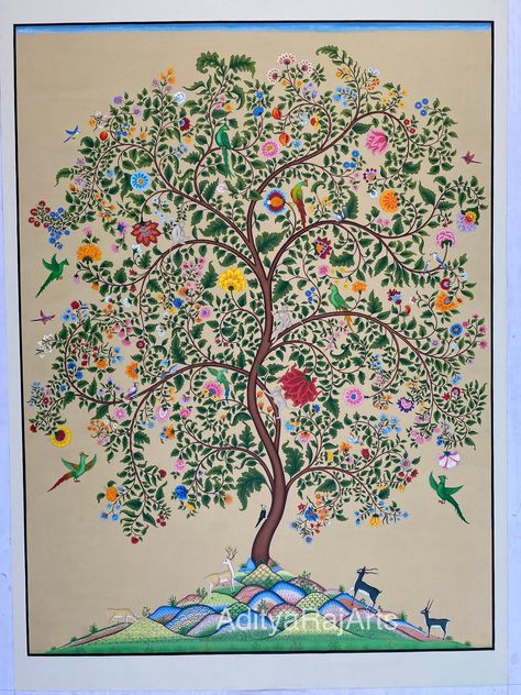 Tree Of Life Wall Decor, Tree Of Life Artwork, Indian Miniature, Tree Of Life Painting, Kalamkari Painting, Fabric Tree, Tree Of Life Art, Botanical Artwork, Miniature Trees