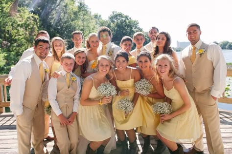 yellow and tan wedding colors, perfect! Yellow And Tan Wedding, Yellow Bridesmaid Dresses With Groomsmen, Yellow Groomsmen Attire, Groomsmen Attire Khaki, Yellow Groomsmen, Yellow Wedding Party, Tan Wedding Colors, Tan Groomsmen Suits, Light Yellow Weddings