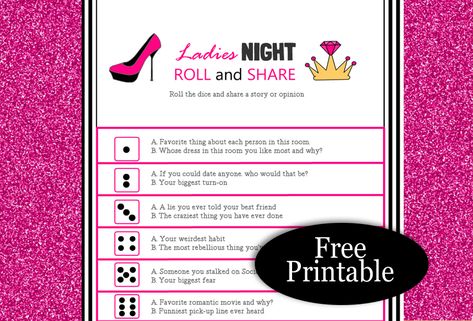 Roll and Share, a Free Printable Game for Ladies’ Night Kid Holiday Games, Games For Ladies Night, Housewarming Party Games, Ladies Night Games, Games For Ladies, Anniversary Party Games, Graduation Games, Girls Party Games, Office Party Games