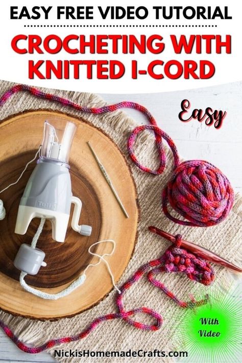 Learn how to make a knitted I-Cord using a Tulip I-Cord Machine and then crochet with the I-cord to make rugs, coasters, bags, potholders, and other free crochet patterns. Crochet I Cord, Knitting Machine Tutorial, Beginner Crochet Tutorial, Step By Step Crochet, I Cord, Crochet Goodies, Metallic Yarn, Crochet Videos Tutorials, Yarn Tail