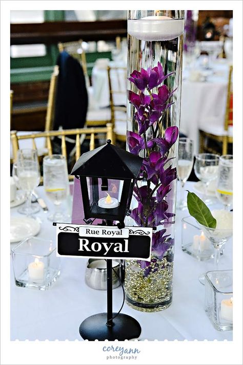 New Orleans themed centerpiece at Windows on the River reception by by Corey Ann Photography Mardi Gras Wedding Theme, Christmas Reception, Lamp Centerpiece, Reception Theme, New Orleans Bourbon Street, New Orleans Party, Mardi Gras Wedding, Mardi Gras Centerpieces, Dr Facilier