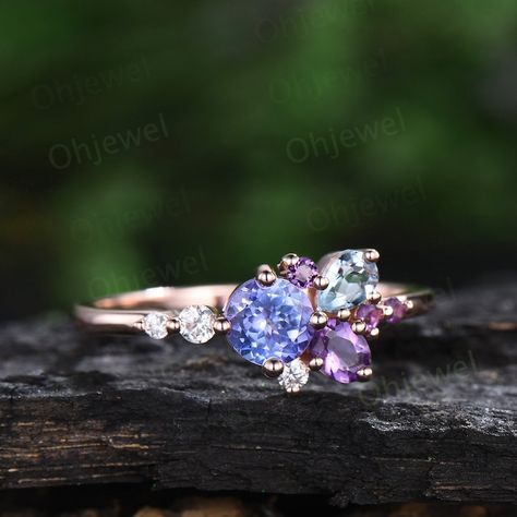 Tanzanite Cluster Ring, Aquamarine And Amethyst Ring, Yellow Sapphire Ring Engagement, Aquamarine Ring Vintage, Colorful Rings, Amethyst Ring Vintage, Peridot Engagement Rings, Rose Gold Morganite Ring, Jewelry Wishlist