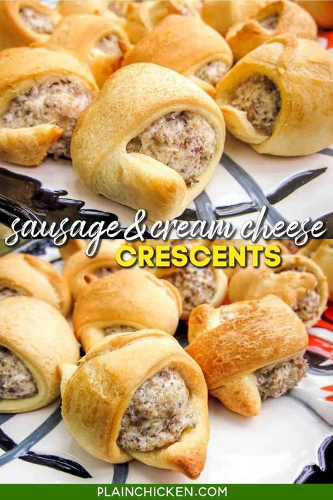 3 Ingredient Crescent Sausage Bites, Sausage With Crescent Rolls, Sausage In Crescent Rolls, Sausage Cream Cheese Cresant Rolls, Sausage Brunch Ideas, Sausage Cream Cheese Bites, Sausage And Cheese Appetizers, Sausage Snack Recipes, Crescent Rolls And Sausage