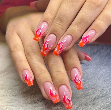 Pink And Orange Flame Nails, Orange Flames Nails, Red And White Flame Nails, Short Square Flame Nails, Orange Fire Nails, Red Flames Nails, Hot Pink Flame Nails, Orange Flame Nails, Fire Flame Nails