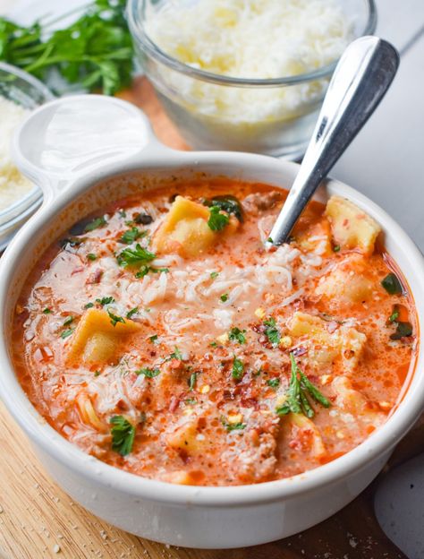 Ravioli Soup • Dance Around the Kitchen Meaty Chili, Sausage Ravioli, One Pot Rice Meals, Dance Around The Kitchen, Ravioli Soup, Chinese Chicken Salad Recipe, Chicken Pot Pie Soup, Pot Pie Soup, Leftovers Soup