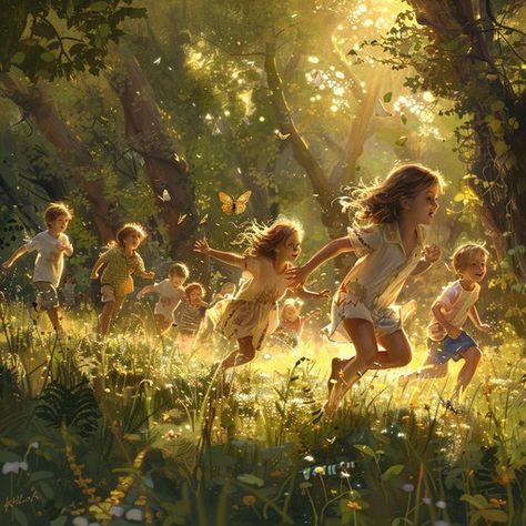 StockCake Children and fairy-like creatures play joyfully in a sunlit forest, an embodiment of innocence and magic. Fantasy Person, Enchanted Creatures, Sunlit Forest, Children Of The Forest, Forest People, Forest Magic, Fantasy Romance Books, Mural Ideas, Fairy Clothes