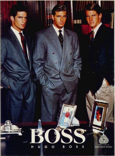 hugo boss power suits Vintage Hugo Boss Ads, 80s Power Suit Men, Hugo Boss 80s, Hugo Boss Vintage, Boss Suits For Men, Mens Suit Inspiration, Vintage Men Suit, Power Suit Men, Hugo Boss Menswear