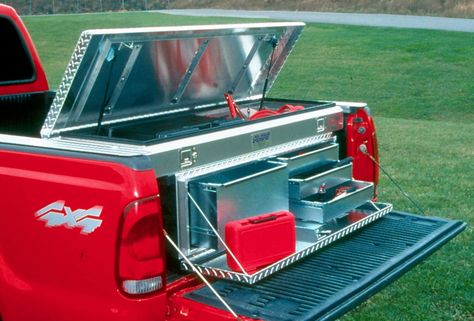 tool storage ideas | Tool Storage System rolls on rails from truck cab to gate., Slide ... Jeep Tool Box Ideas, Farrier Truck Ideas, 4x4 Storage Ideas, Truck Bed Tool Storage, Truck Tool Storage, Truck Toolbox Ideas, Truck Tool Box Ideas, Work Truck Ideas, Truck Toolbox Organization