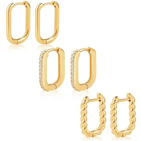 PRICES MAY VARY. 💛【Stylish Huggie Hoop Earrings Set】Our cartilage hoop earring set features 3 diverse styles of earrings or studs, ranging from minimalist square designs to trendy twisted design, and dazzling zircon accents. Each piece is a star in the realm of fashion, effortlessly complementing your wardrobe for both everyday wear and special occasions, ensuring you exude irresistible charm. Our gold hoop earrings are absolute must-have for every lady's fashion arsenal. 💛【Hypoallergenic Prem Square Gold Earrings, Square Hoop Earrings, Earring Sets, Cartilage Earrings Hoop, Cartilage Hoop, Chunky Earrings, Rectangle Earrings, Hoop Earrings Gold, Hoop Earring Sets