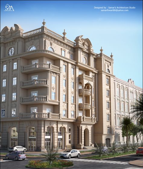 Neo Classic Exterior Design, Modern Classic Building, Penthouse Plan, Classic Residential Building, Building Colour, Classical Architecture House, بيوت ملكية, Classic Facade, Architecture Facade