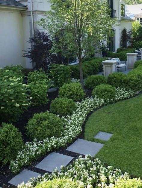 Boxwoods Along Fence, Hamptons Landscaping Front Yard, Backyard Landscaping Large Yard, Hamptons Landscaping, Front Door Landscaping, Relaxing Outdoor Spaces, Rooftop Gardens, Front Gardens, Beautiful Home Gardens