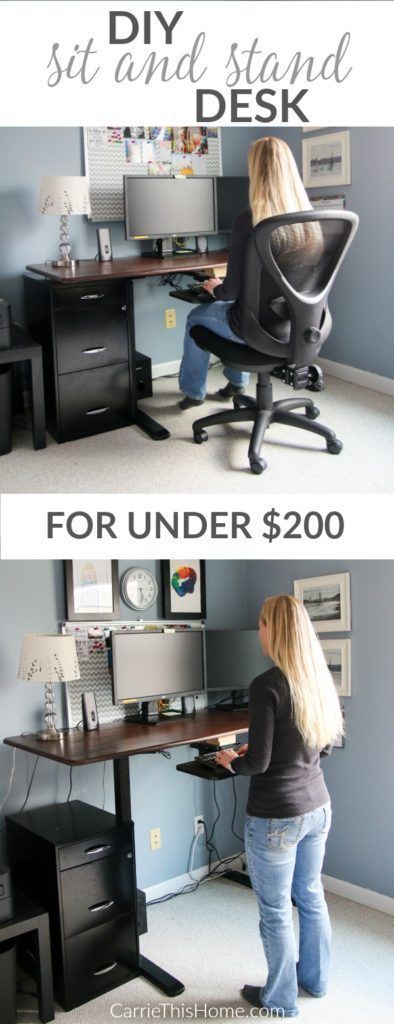 Sit and stand desks are a great solution to help keep your body moving but they're really expensive.  My DIY sit and stand desk is easy to make and costs well under $200! Diy Sit Stand Desk, Moving Desk, Sit And Stand Desk, Office Ergonomics, Sit To Stand Desk, Diy Standing Desk, Workspace Ideas, Cheap Office Furniture, Ikea Office